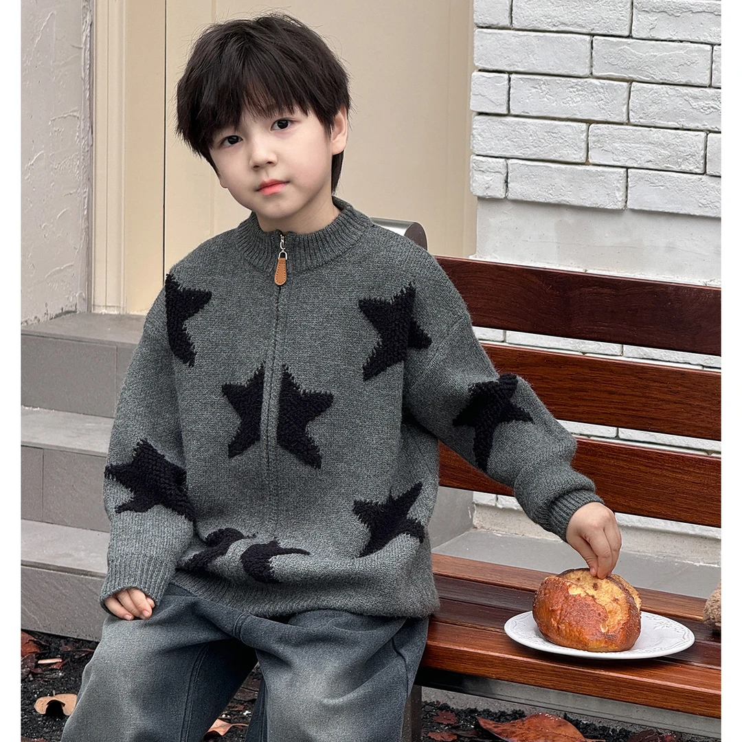 儿童开衫毛衣2025新款时尚拉链开衫外套毛衣男童百搭撞色休闲上衣