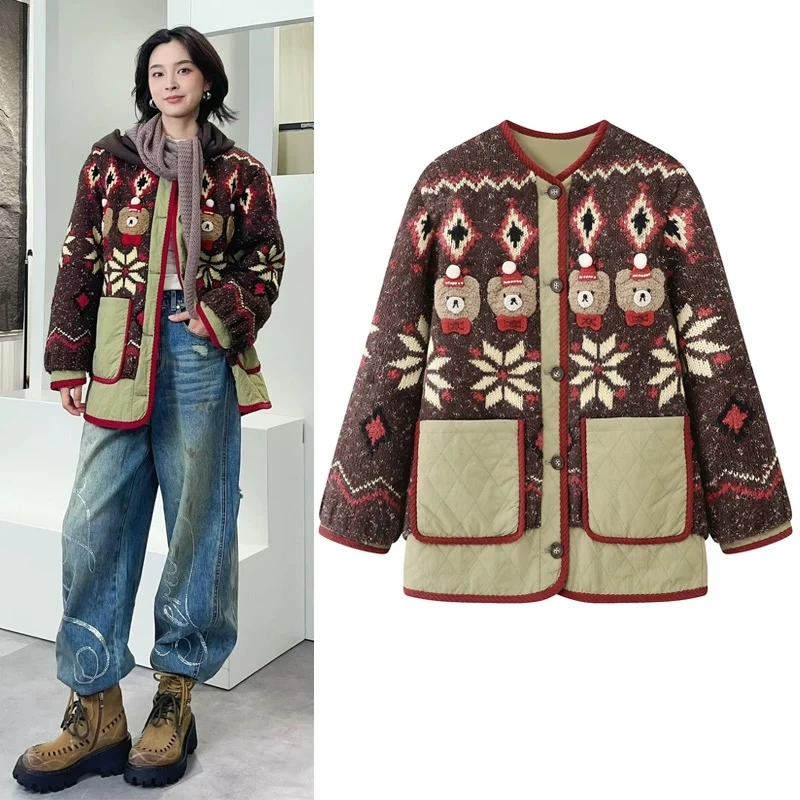 2025冬新圆领宽松显瘦菱形格立体小熊提花假两件拼接棉服外套