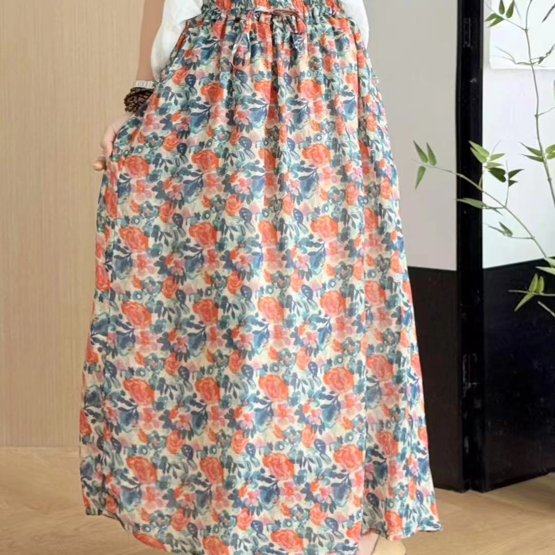 减龄小碎花半身裙文艺时尚宽松百搭中长款高腰过膝裙潮F43