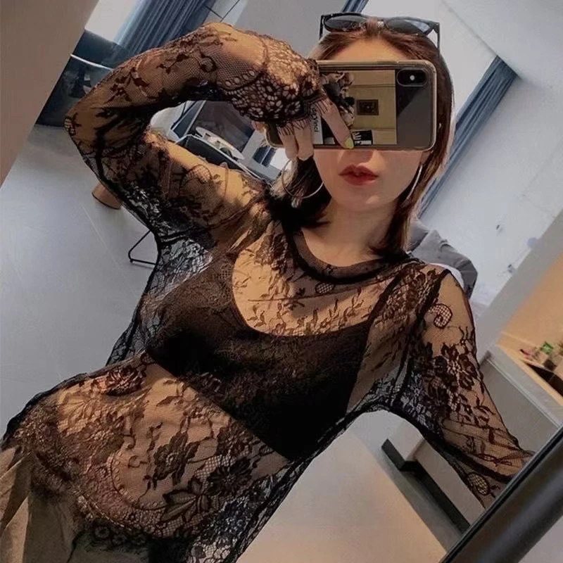 睫毛蕾丝镂空绣花圆领女士打底衫设计洋气百搭性感内搭小衫网红