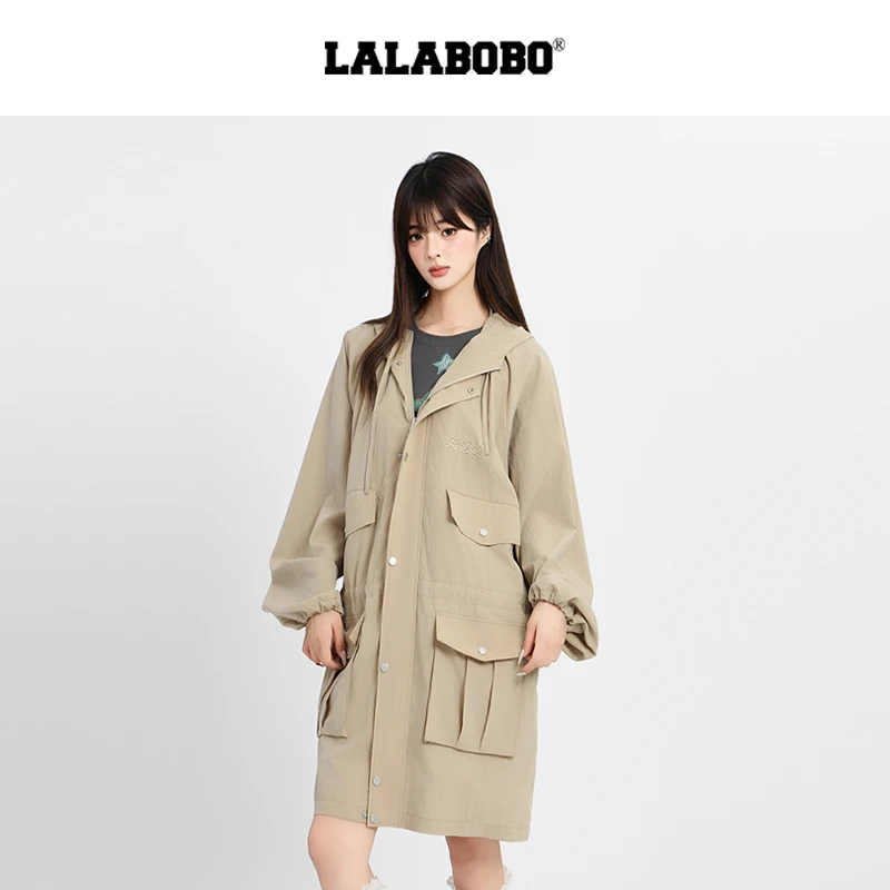 LALA中长款格纹宽松女士风衣春季收腰宽松秋季LBEC-WSDW12