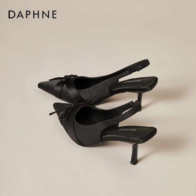 达芙妮高跟鞋女2025新款夏蝴蝶结尖头高跟单鞋一脚蹬细跟包头凉鞋