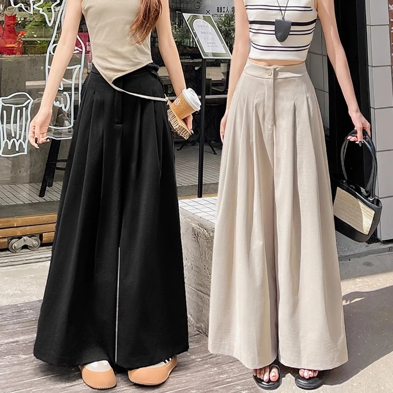 冰丝阔腿裙裤子女款夏季2025新款薄款宽松bf慵懒百褶夏日轻薄裤子