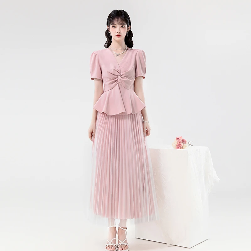 拉夏贝尔优雅设计感显瘦上衣女2025夏季新款百褶网纱半身裙两件套