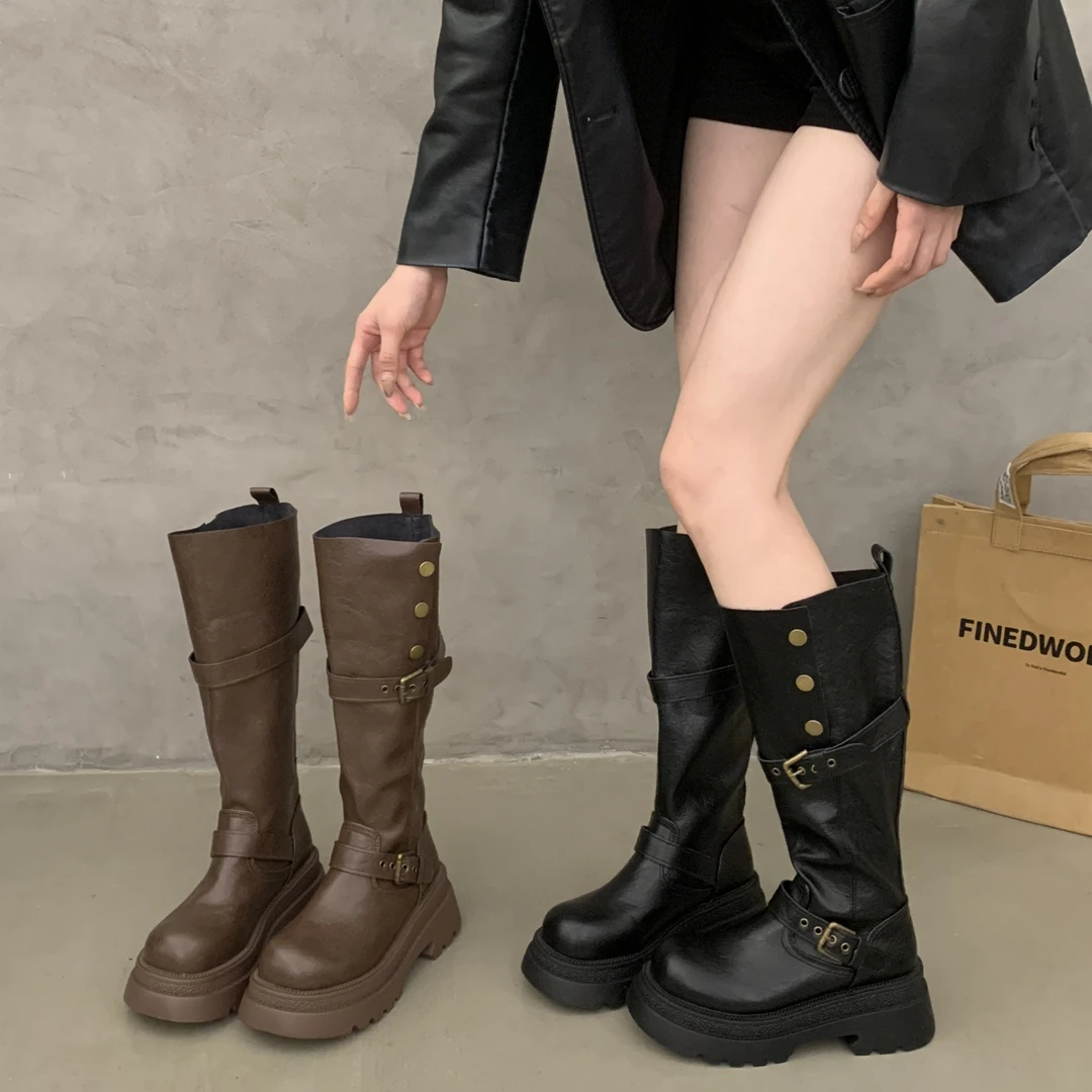 长筒靴女2025年秋季新款秋季棕色靴子美拉德厚底骑士靴高筒瘦瘦靴
