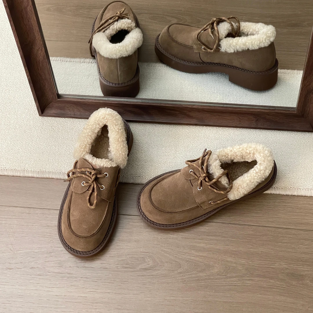 HUSSLOVE 牛翻皮·跟高4CM·加绒保暖纯羊毛中跟系带小皮鞋乐福鞋