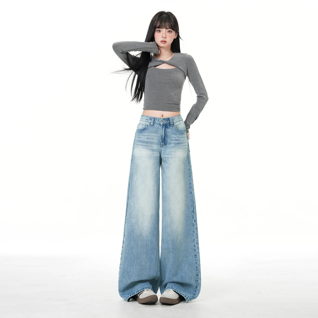 2026年新款美式复古阔腿牛仔裤女春秋新款显瘦微喇叭直筒拖地裤子