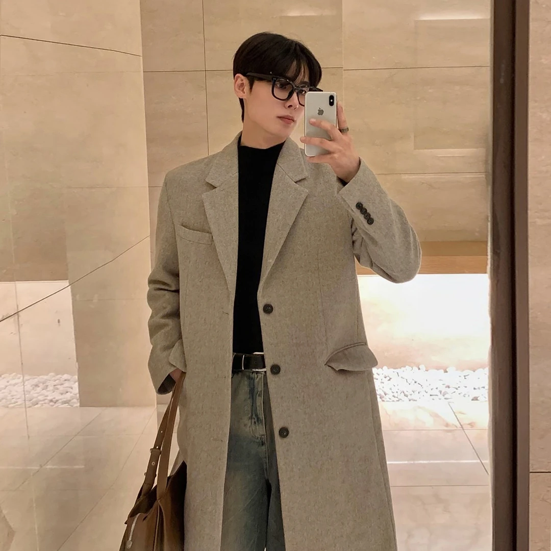 LOOKPLEMING秋冬新款韩版毛呢大衣男款小众时尚宽松中长款大气