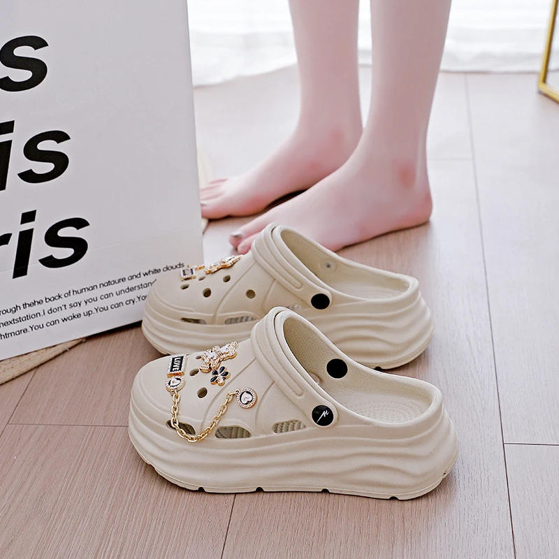 夏季踩屎感洞洞鞋女外穿新款户外沙滩防滑厚底包头半凉拖鞋1602-1