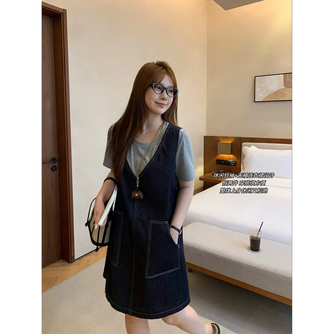 大婉酱微胖定制森系简约假两件牛仔连衣裙夏季休闲气质裙子 9370D