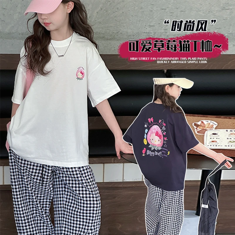 女童夏季套装2025新款儿童白色体恤薄款格子裤中大童防蚊裤两件套