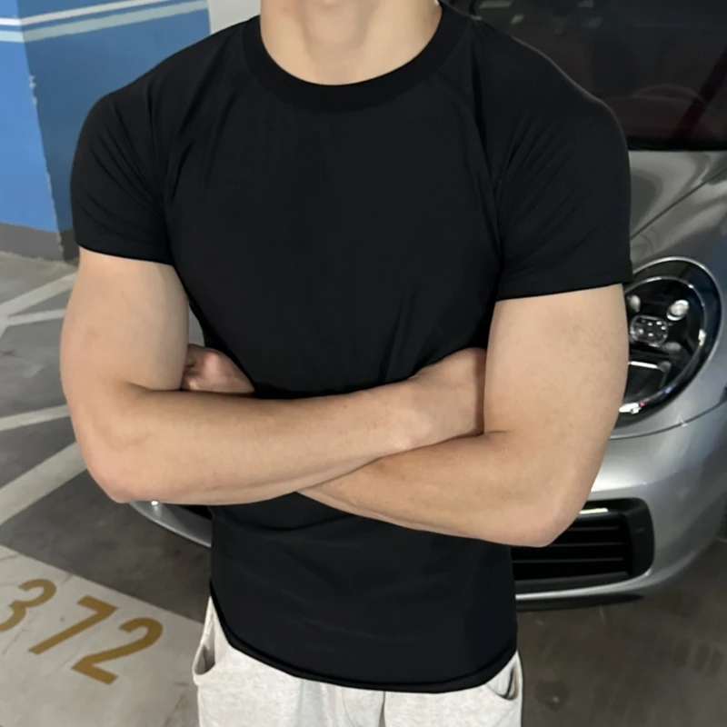 BIGTREES新款美式无缝运动短袖纯色速干训练健身弹力修身圆领T恤