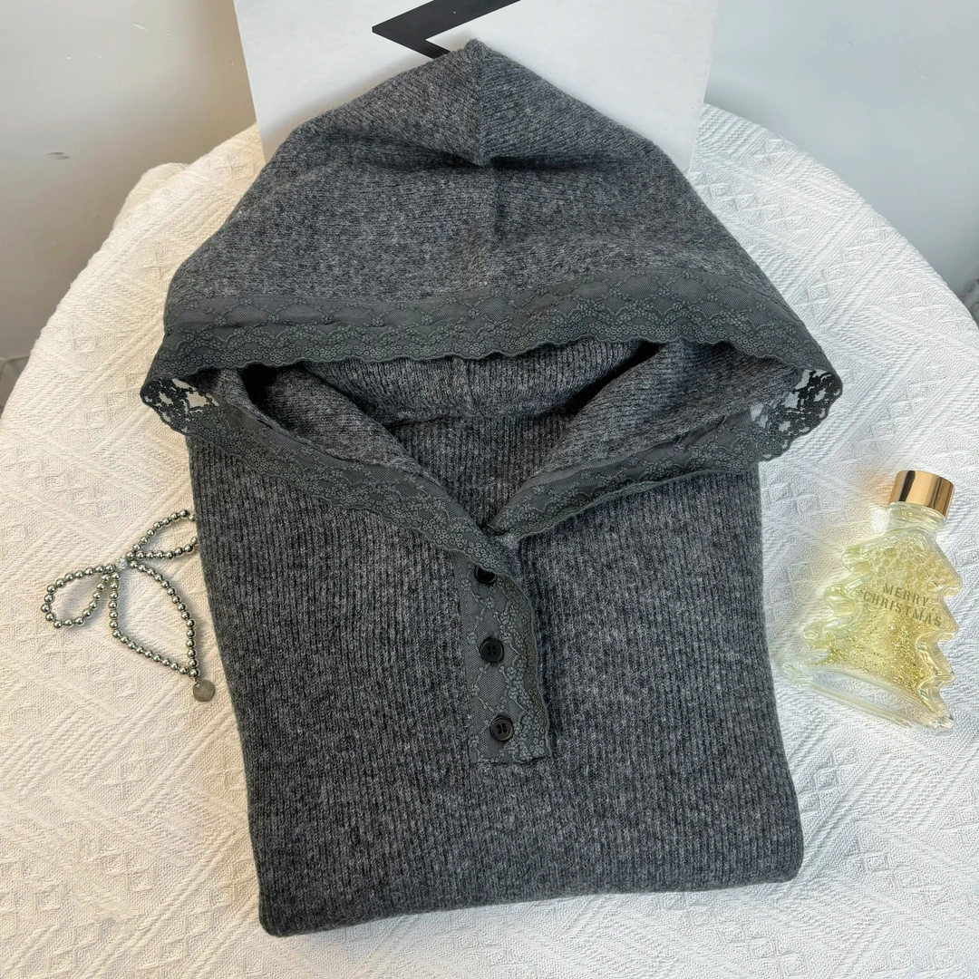 玲姐定制-深灰色连帽蕾丝边针织毛衣280337