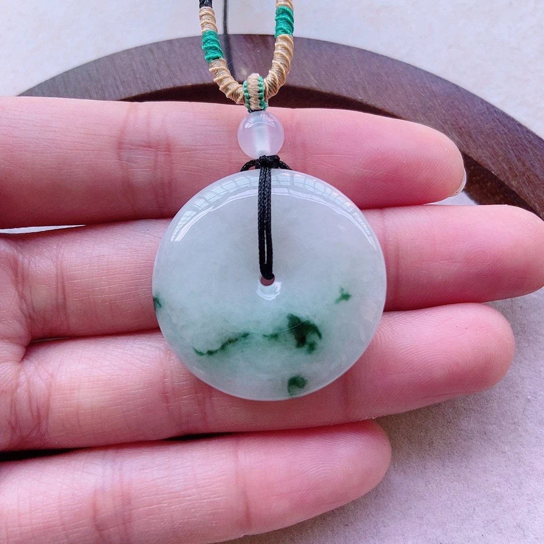 天然缅甸翡翠A货冰胶精美飘花平安扣吊坠 尺寸30.5×5.6mm