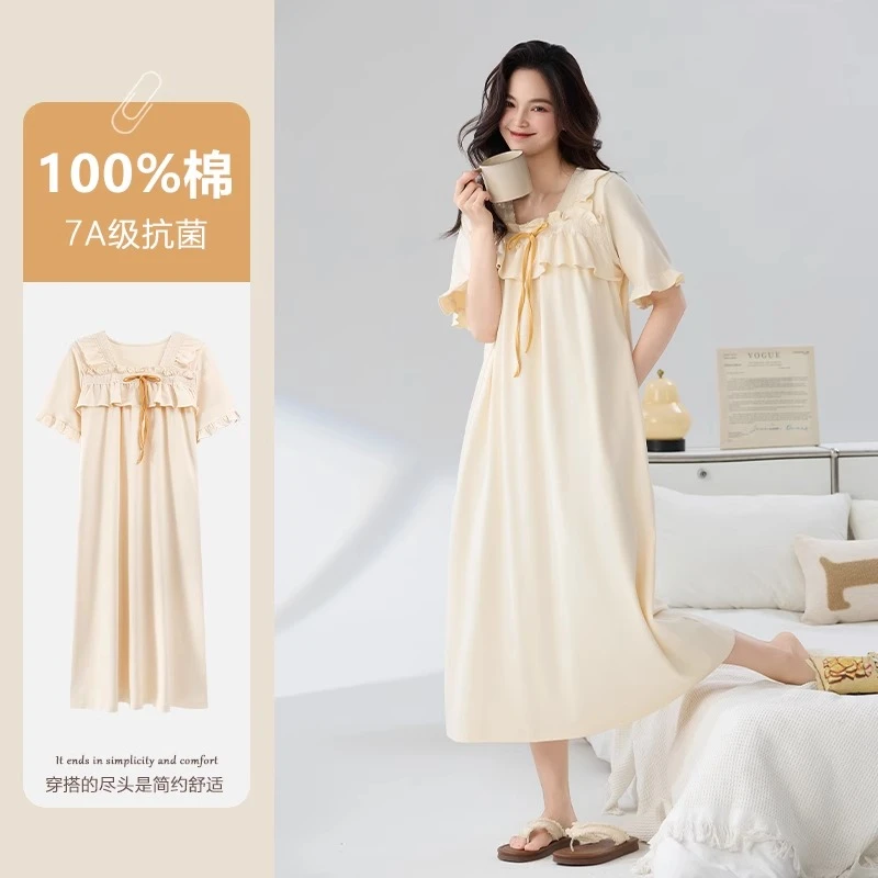 2025夏季新款纯棉短袖睡裙女甜美公主风宽松大码连衣裙薄款家居服