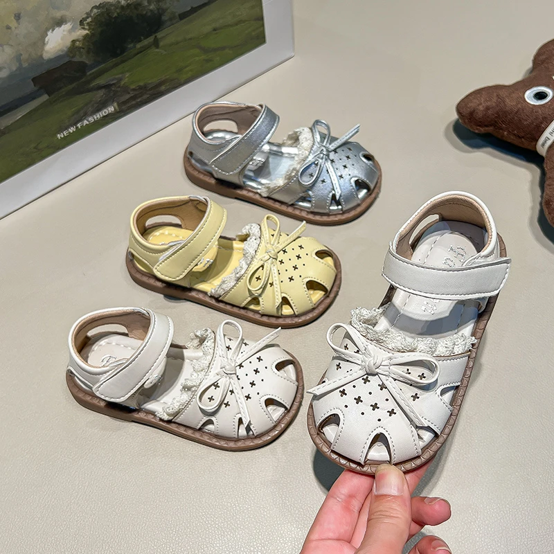 女童凉鞋韩版蕾丝花边鞋2025夏季新款小女孩透气软底包头镂空凉鞋