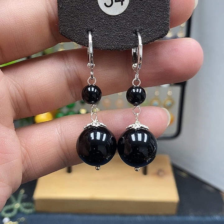 黑曜岩银S925镶嵌耳饰尺寸14mm