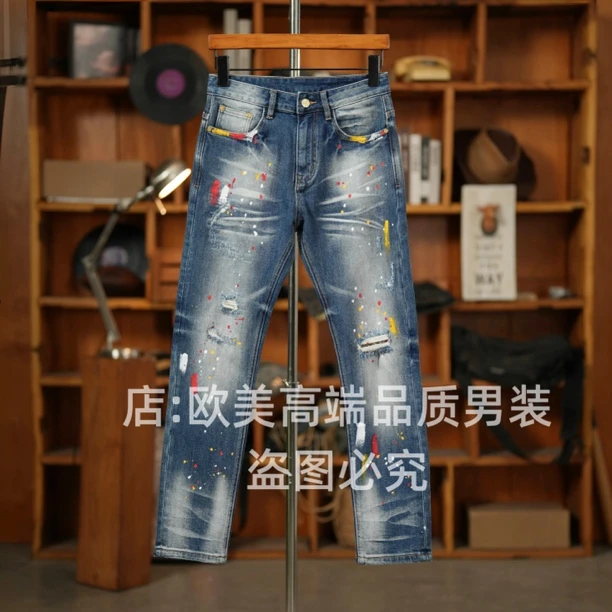 秋冬季高端美式复古泼墨破洞补丁男士牛仔裤修身小直筒弹力休闲潮