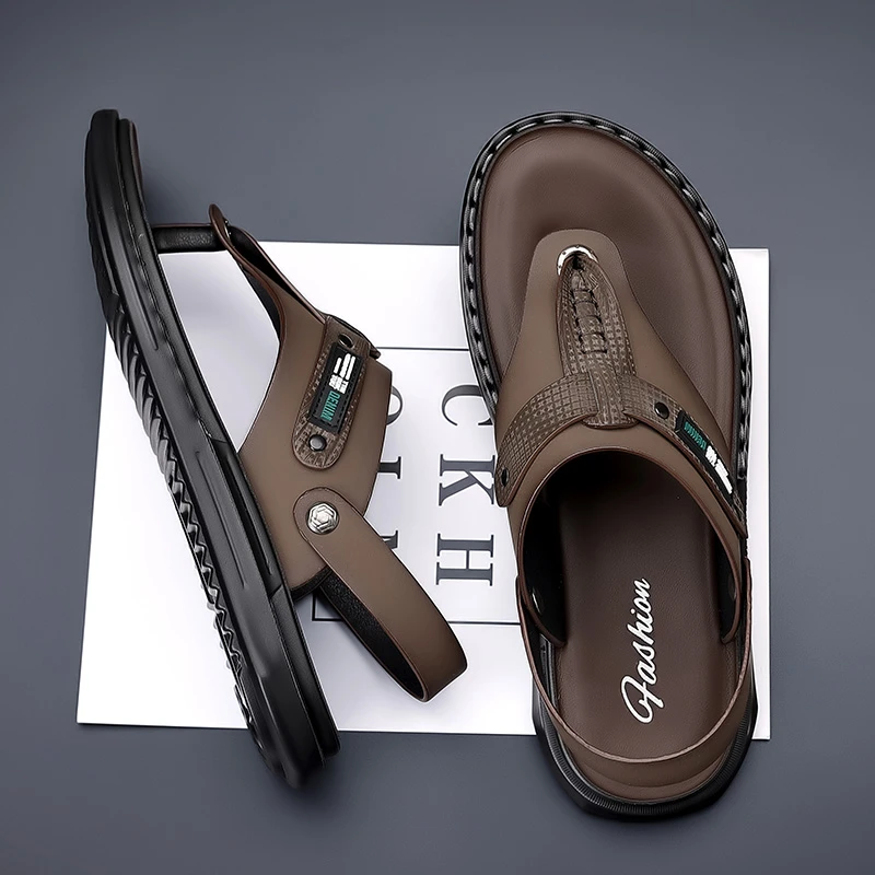 法菲欧男鞋真皮牛皮防滑软底时尚休闲百搭男士两穿夹趾凉鞋沙滩鞋