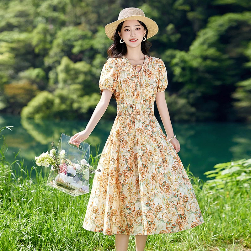 柏菲妮时尚休闲碎花棉麻连衣裙2025年新款气质显瘦洋气收腰裙子潮