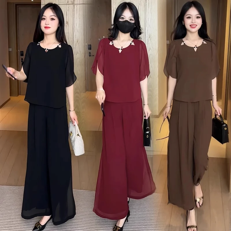 雪纺时尚套装女2025夏季新款洋气显瘦短袖高腰阔腿裤气质两件套潮