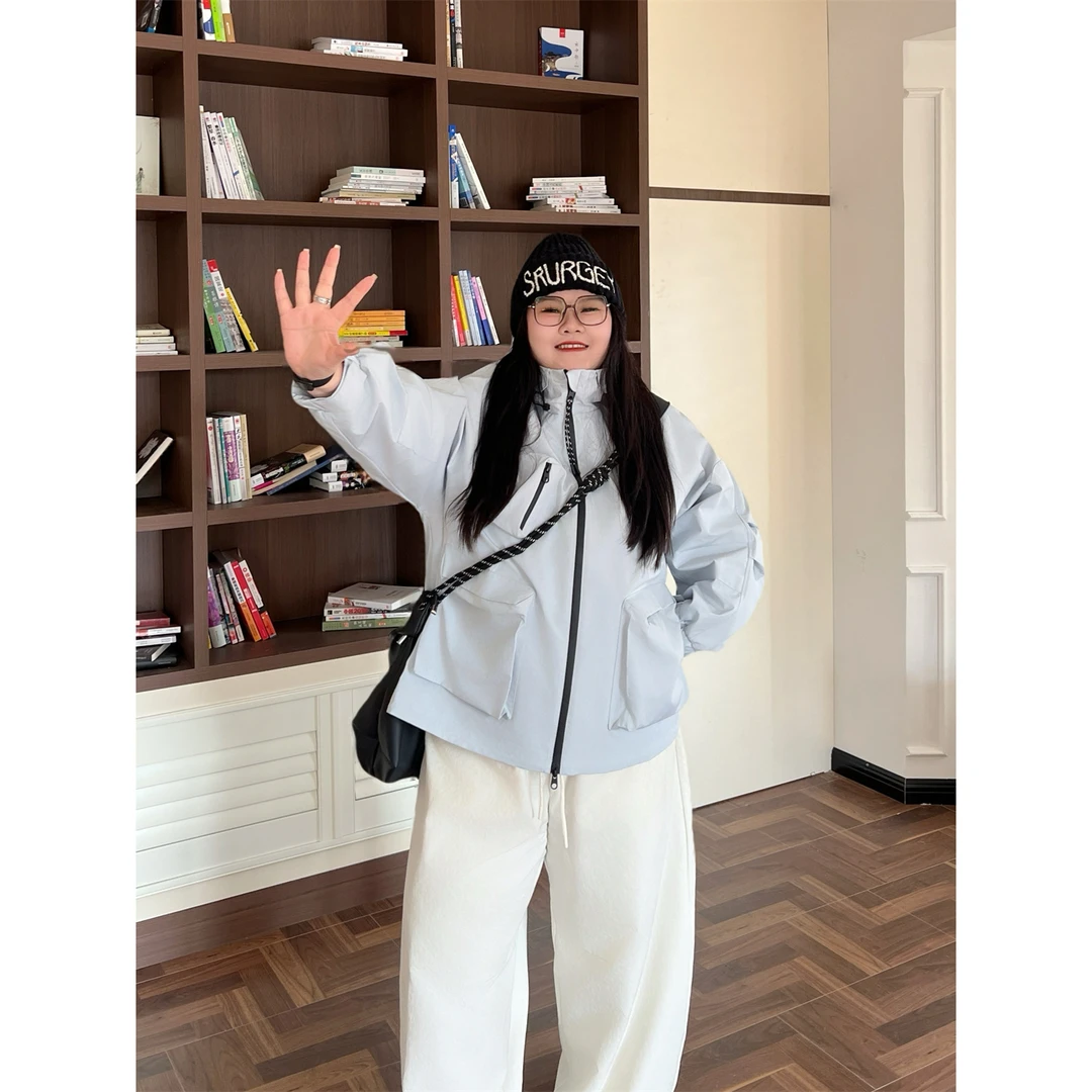 花契“奥斯陆夜”大码女装秋季百搭200斤胖mm时尚高级冲锋衣15865-X