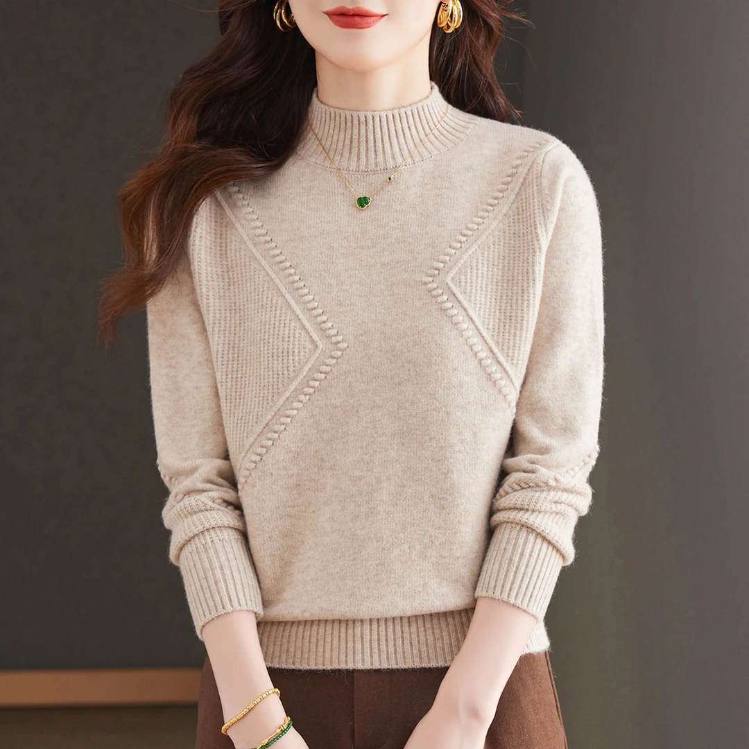 洋气提花半高领针织衫女时尚百搭宽松加厚打底衫冬季简约套头毛衣