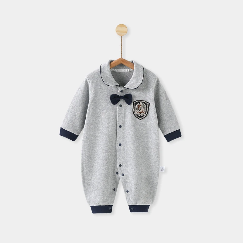 婴儿连体衣周岁礼满月宝宝哈衣春秋英伦爬服翻领绅士风外出服洋气