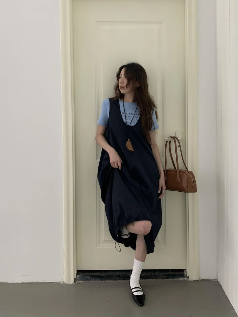 大谷 韩系简约 时尚宽松气质极简背心连衣裙配小包 【66005】