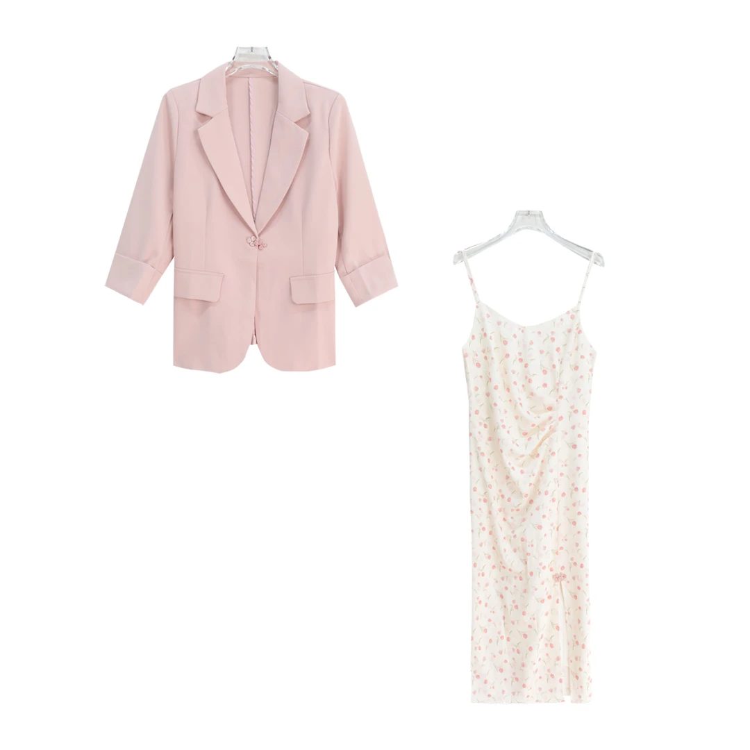 时尚休闲西装外套法式温柔碎花吊带裙套装S2475