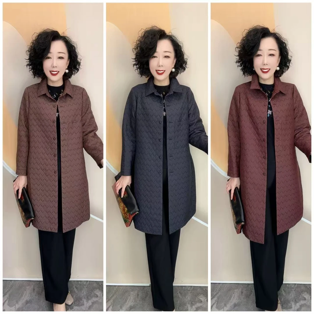 838新款优雅女人中老年妈妈艺术小格加里衬宽松大码气质风衣长94