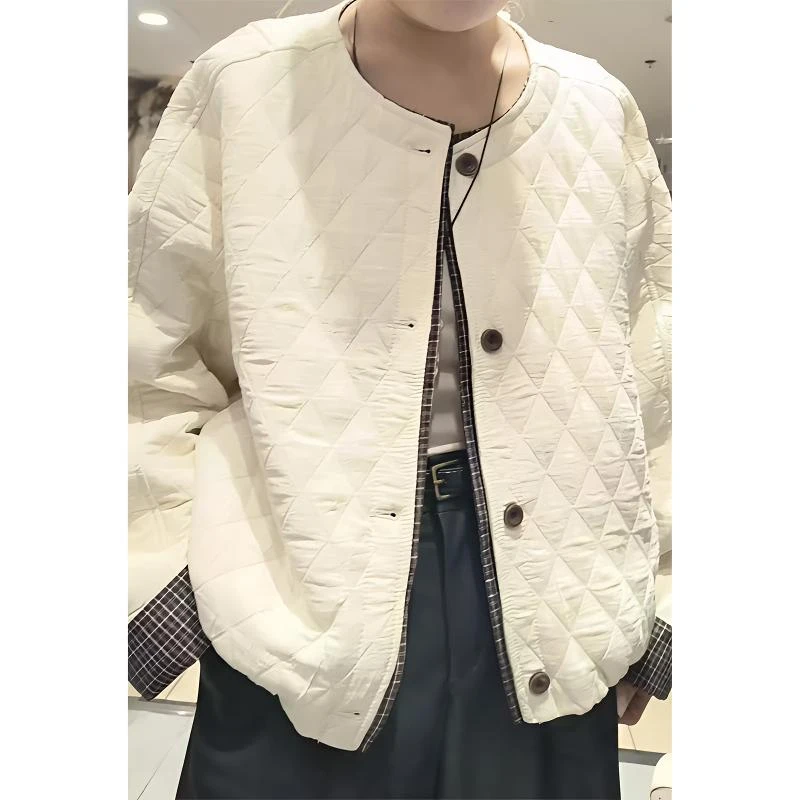 韩系学院风格纹拼接圆领棉服女2025冬季新款通勤风菱形格加棉外套