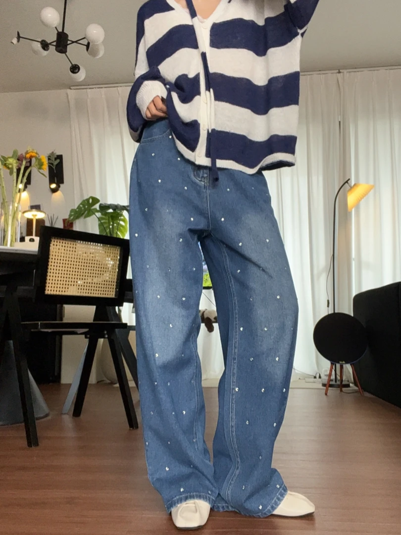 欧洲站复古烫钻牛仔裤女秋季新款大码梨形身材显瘦窄版拖地阔腿裤