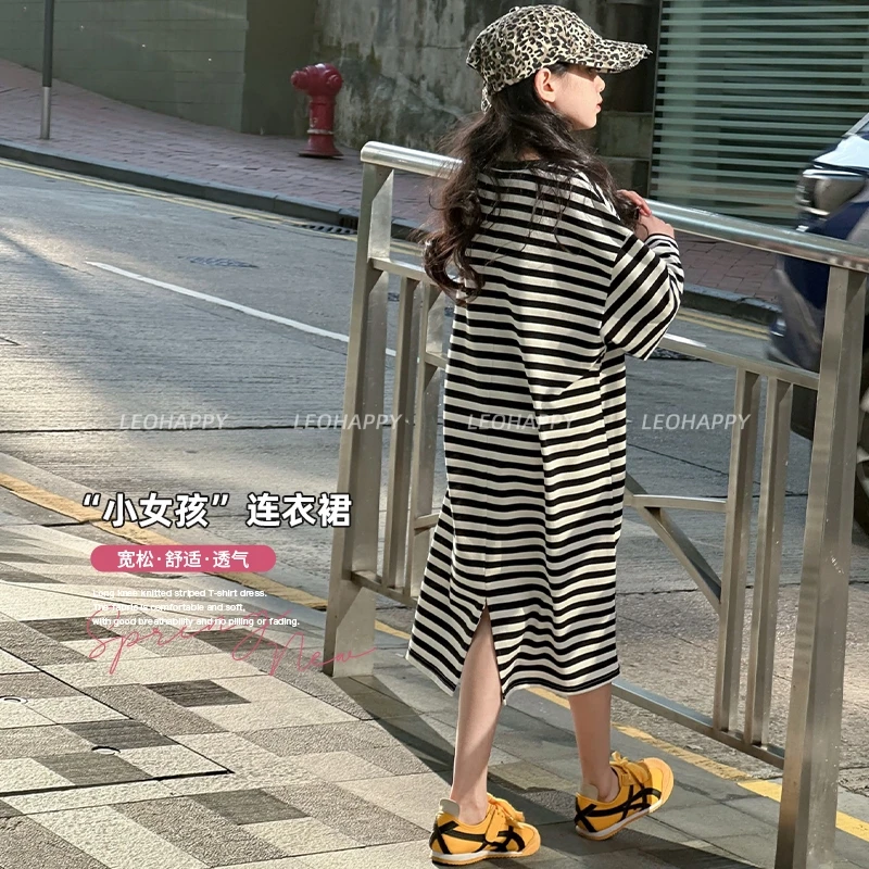 LEOHAPPY【小女孩】长款过膝针织条纹T恤连衣裙