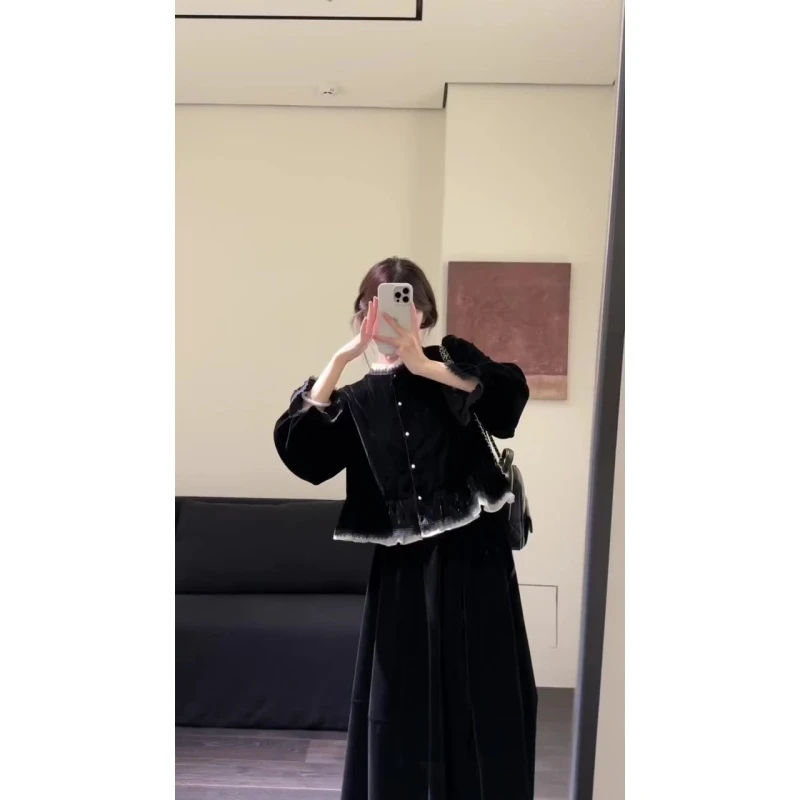 MARIE.COCO贵气感千金秋冬新款撞色荷叶领蕾丝拼接上衣百褶半身裙