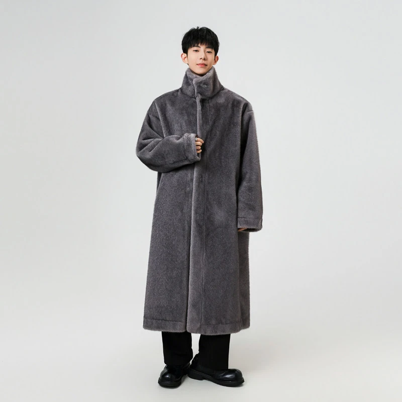 冬季过膝环保毛毛外套男立领大衣加厚保暖皮毛一体棉衣棉服风衣潮