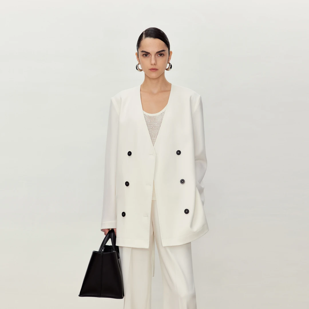 醋酸无领简约双排扣气质西装外套女春季 LGD2FSW097