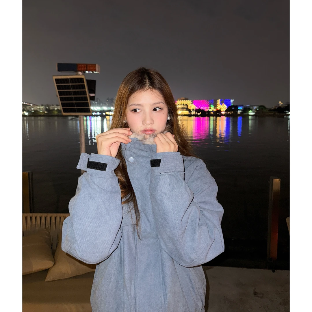 灯芯绒美式复古工装风毛领夹棉短外套翻领夹克棉衣棉服男女冬