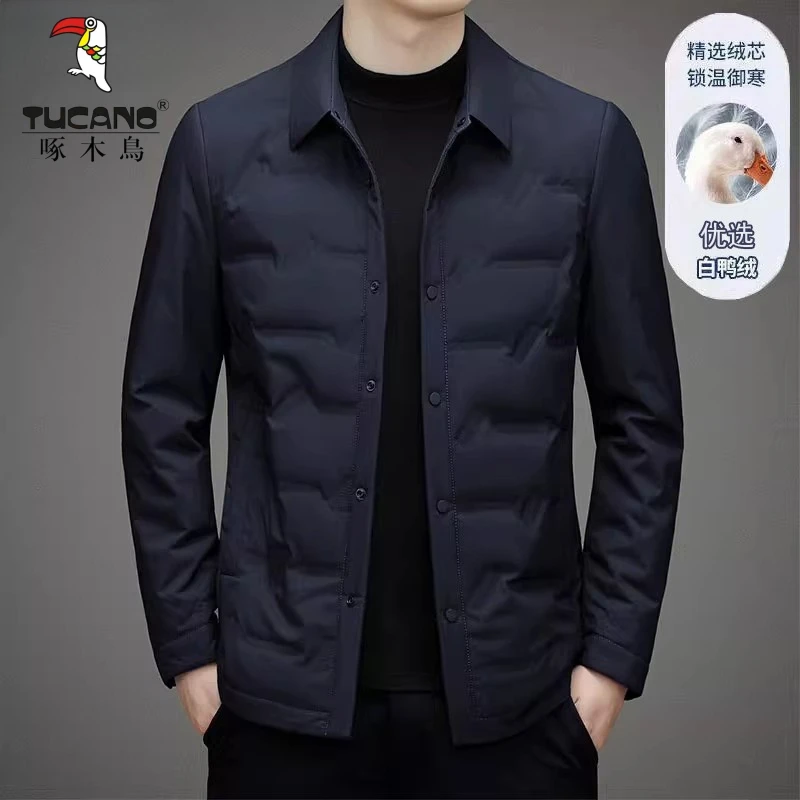 啄木鸟轻薄羽绒服男冬季商务休闲修身短款衬衫领夹克韩版保暖外套