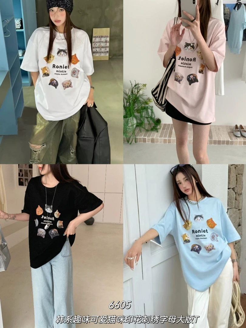 0436【夏季新款】圆圈猫咪头头圆领短袖（6605）