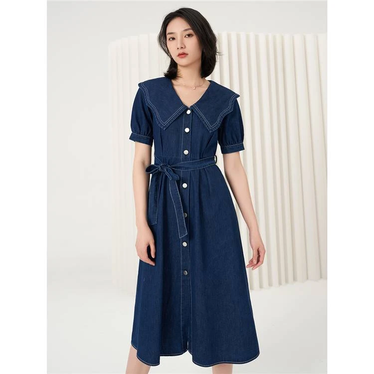 春夏热卖娃娃领梨型身材微胖牛仔连衣裙FQLCJ23A10A