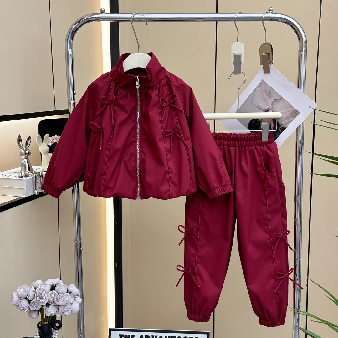 【糖宝魔豆】女童春季套装2024新款女孩洋气蝴蝶结时髦外套+休闲裤