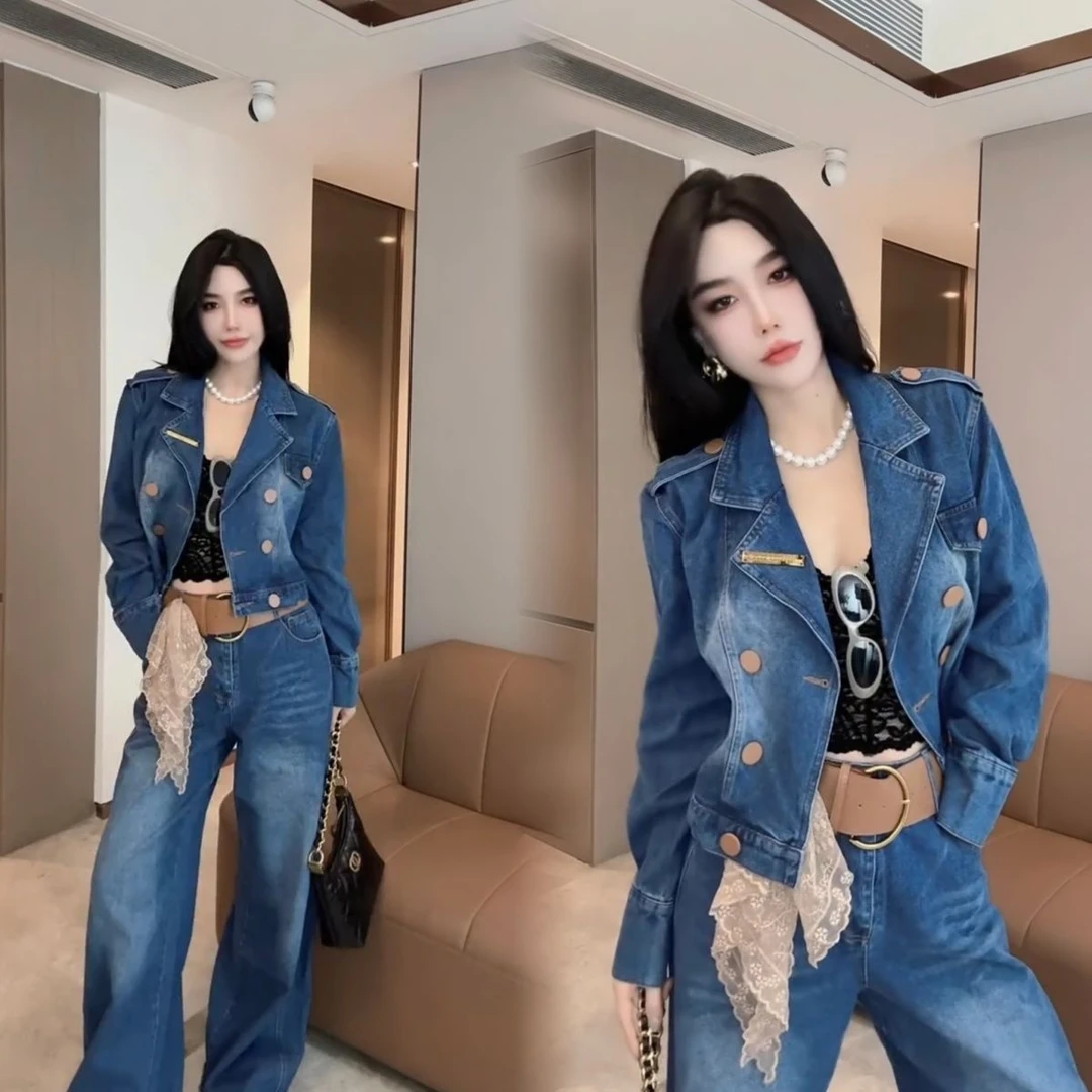 炸街爆款新款洋气牛仔套装女显瘦百搭短外套+宽松直筒裤两件套