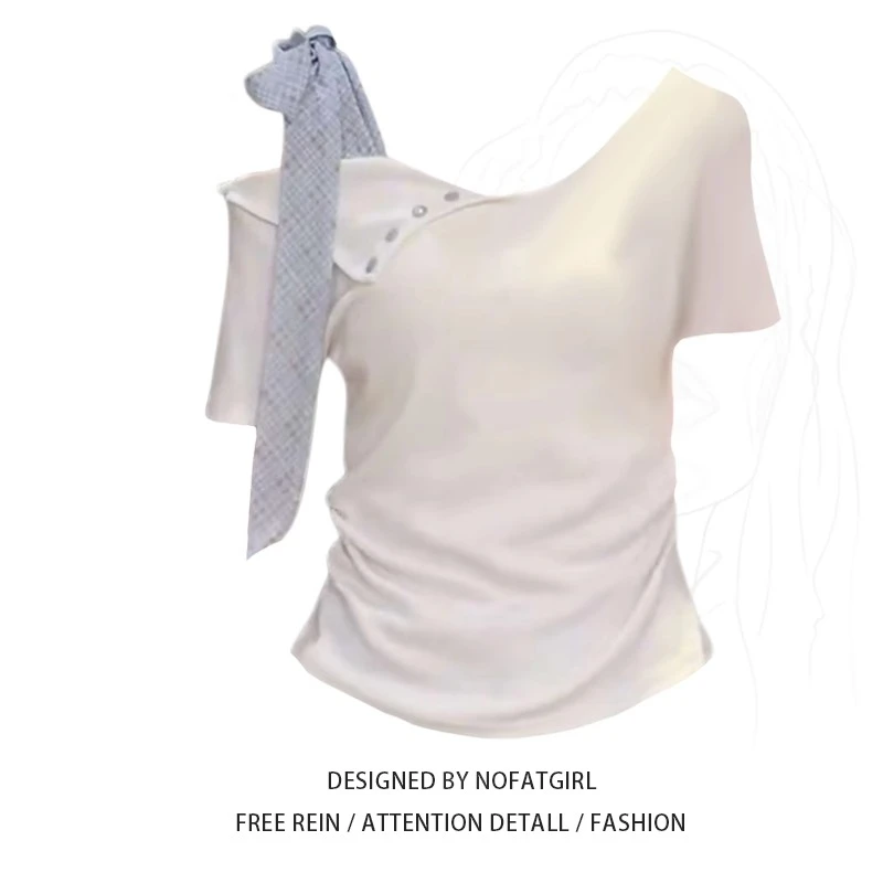 大码胖妹妹甜美风不规则绑带蝴蝶结纽扣设计感修身短袖上衣女夏季