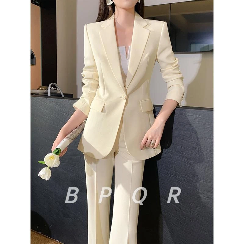 BPQR秋季西装套装女长袖一粒扣正式场合职业套装修身米黄色高端西
