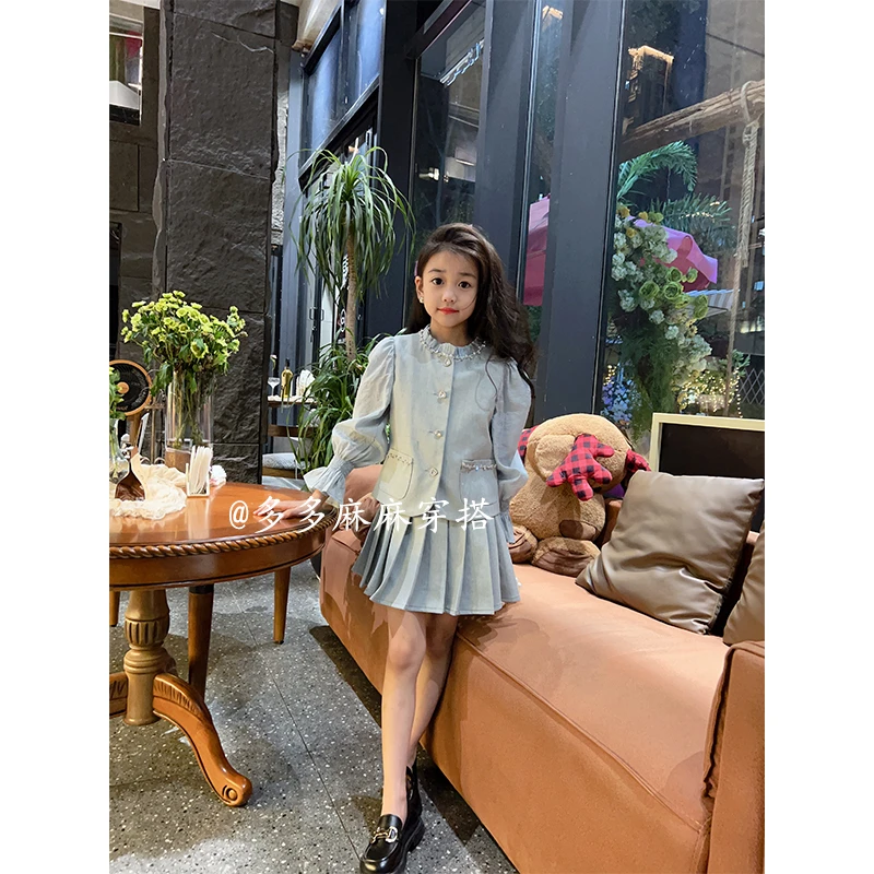 女童秋季重工手工钻钻小香风长袖+短裙套装23766#