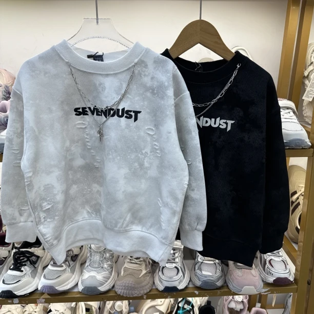 中童纯色常规秋季新款韩版卫衣时尚休闲百搭印花圆领长袖宽松套头
