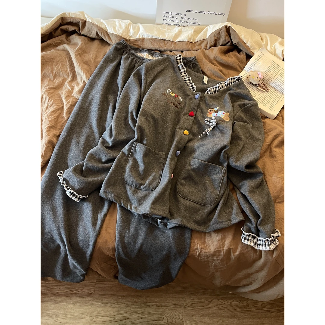 韩系可爱腊肠狗花边德绒长袖睡衣女2025秋冬新款家居服可外穿套装