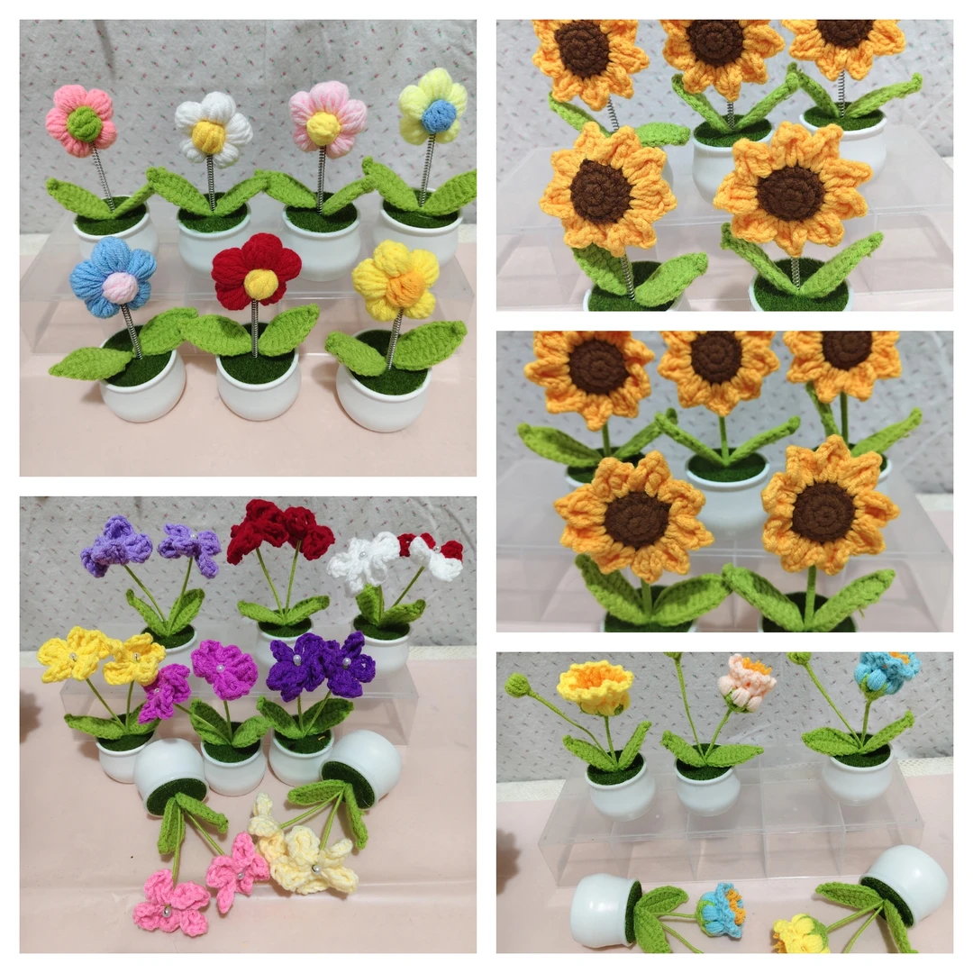 成品手工钩织毛线花小盆栽向日葵勿忘我泡芙花泡芙铃兰实用摆摊