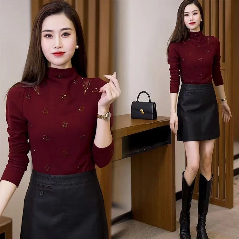 金色烫钻长袖德绒网纱镂空宽松中老年妈妈装半高领打底上衣9101#